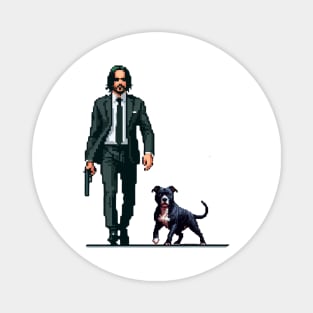 Pixel John Wick and His Pitbull Dog Retro Magnet